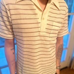 Men's Cream Striped buttoned deep V polo